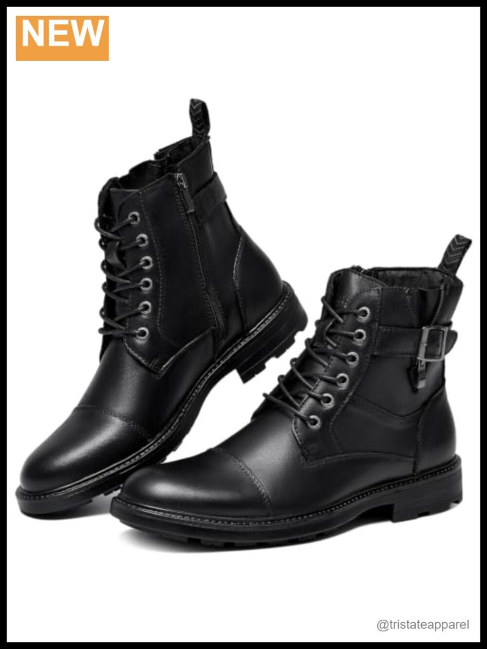 Genuine Leather Motorcycle Combat Boots Side Zip Lace-Up Ankle Boots